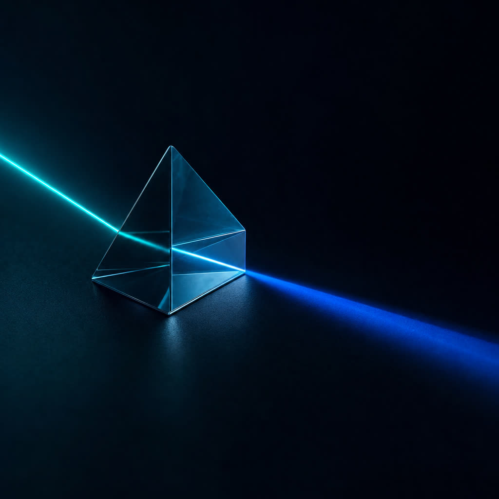 Teal and blue light beams refracting through a glass prism on a dark surface