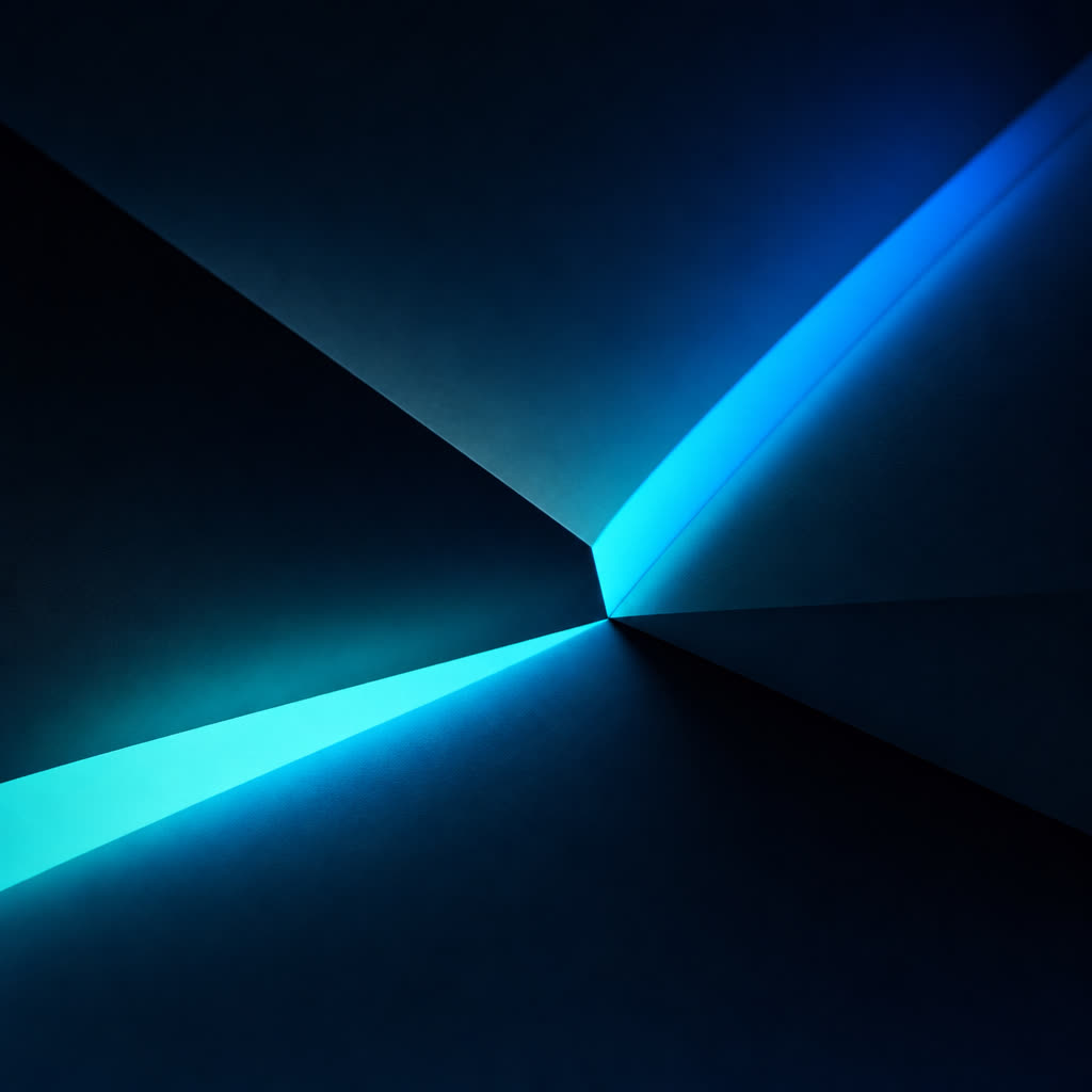 Dark folded surfaces catching one sharp band of teal and blue light